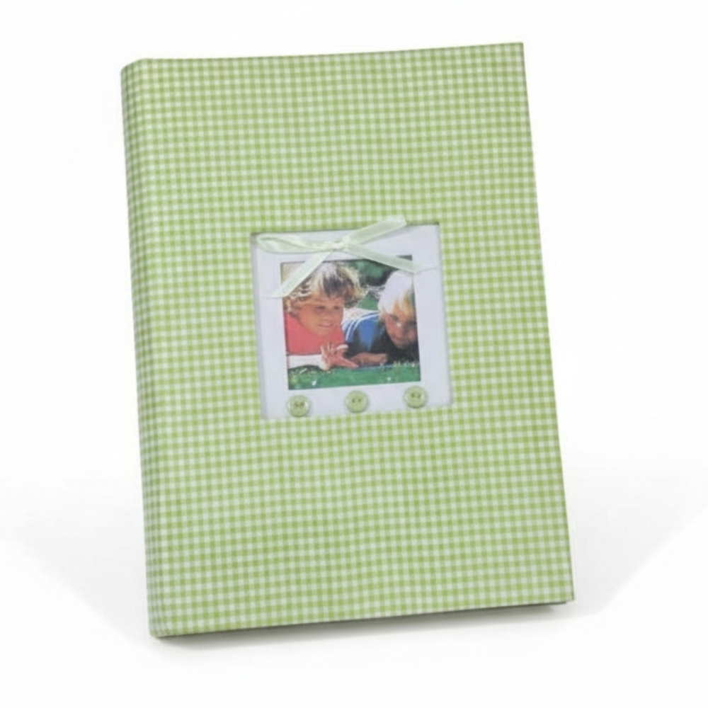 Nostalgic Green Gingham Check Fabric Photo Album Holds 4"x6" Picture Prints